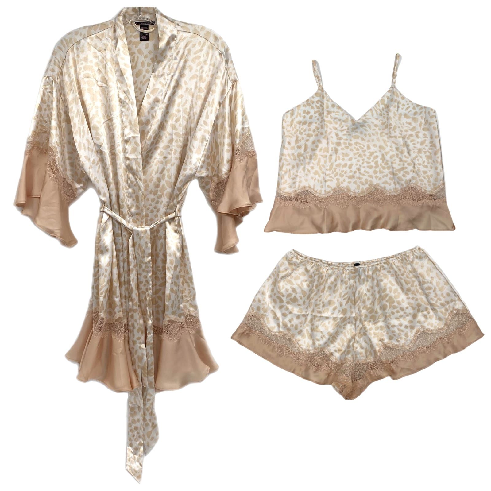 Victoria's Secret Tan White Satin Lace Pajamas & Robe Set