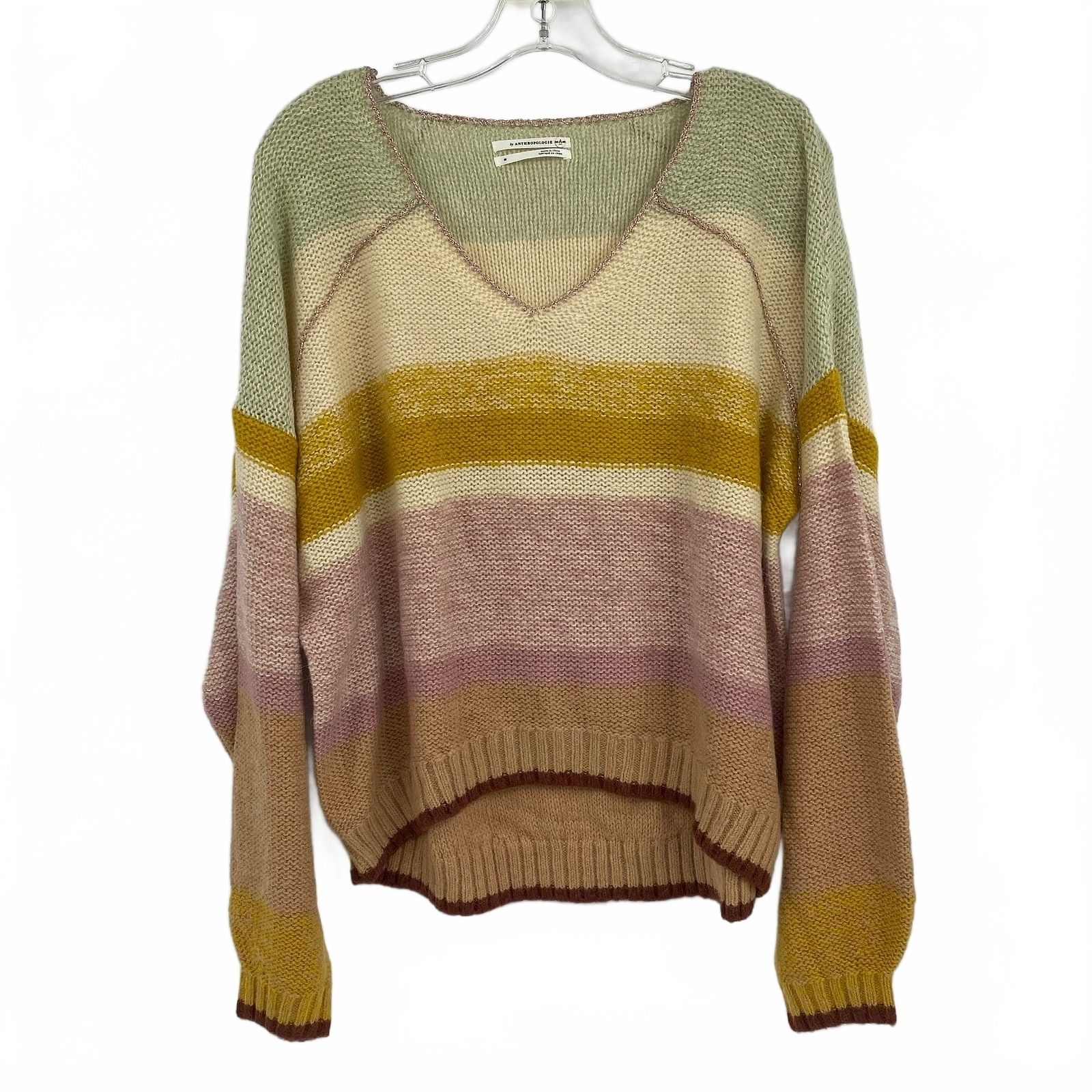 Anthropologie Green Pink Striped Pullover Sweater