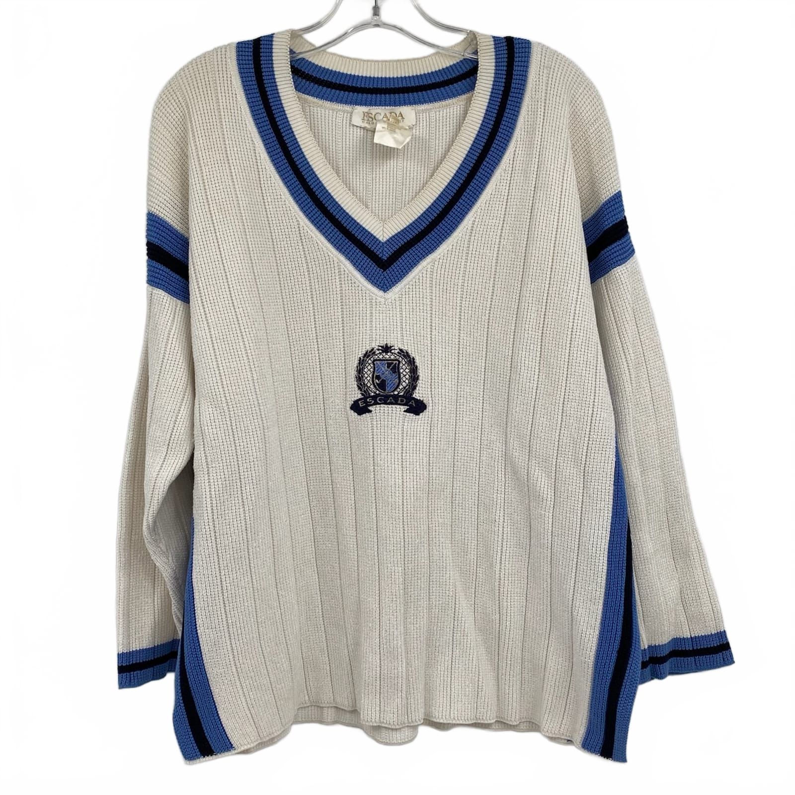 Esacada Cream-Blue V-Neck Varsity Style Sweater