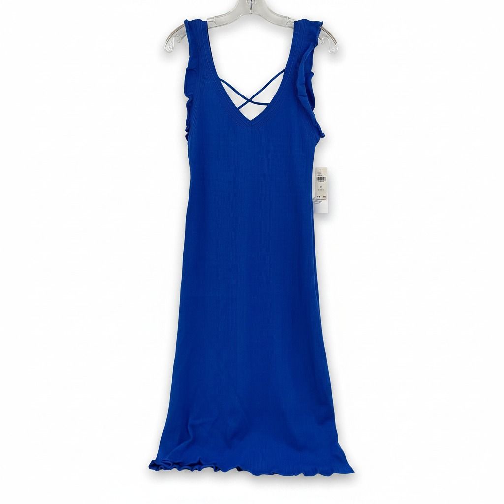 Daily Practice Blue Knit Ruffle Shoulder Sleeveless Midi Dress