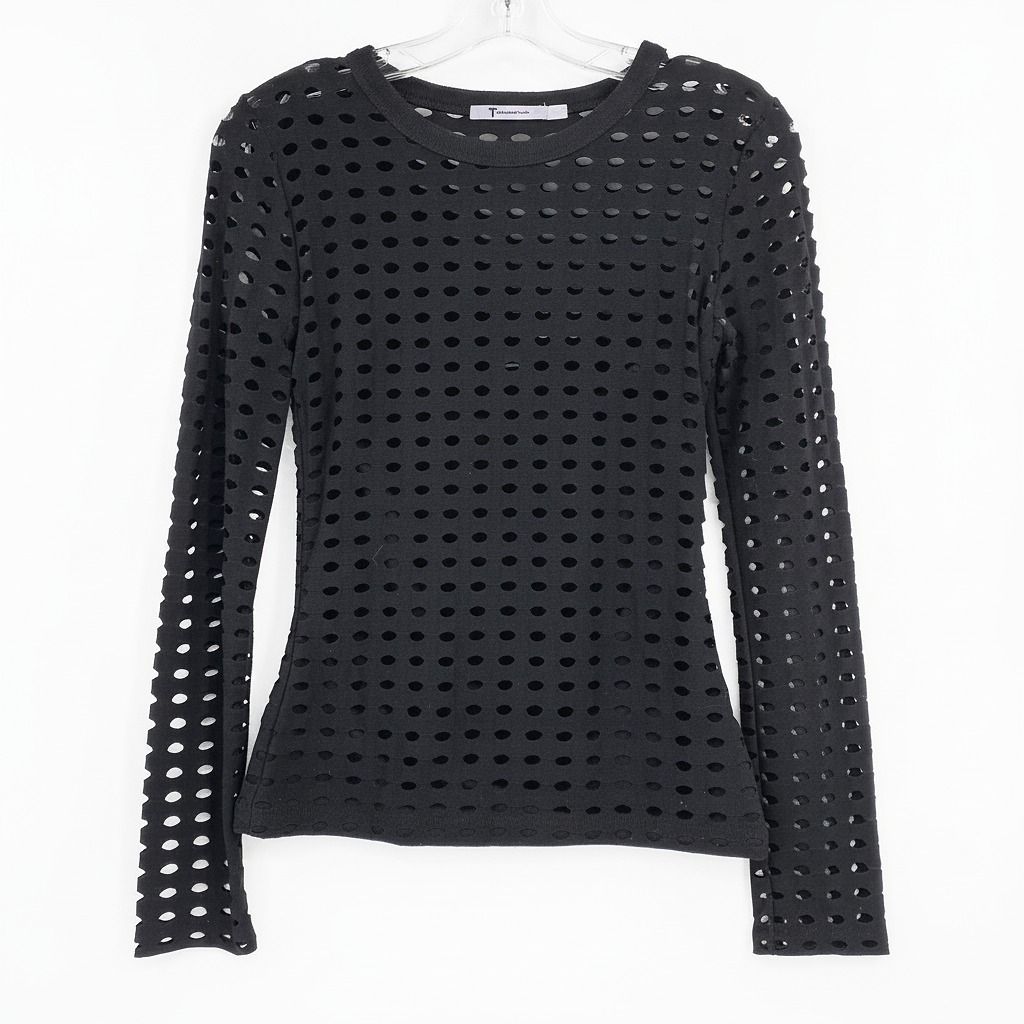 T by Alexander Wang Black Laser-Cut Circles Long Sleeve Top