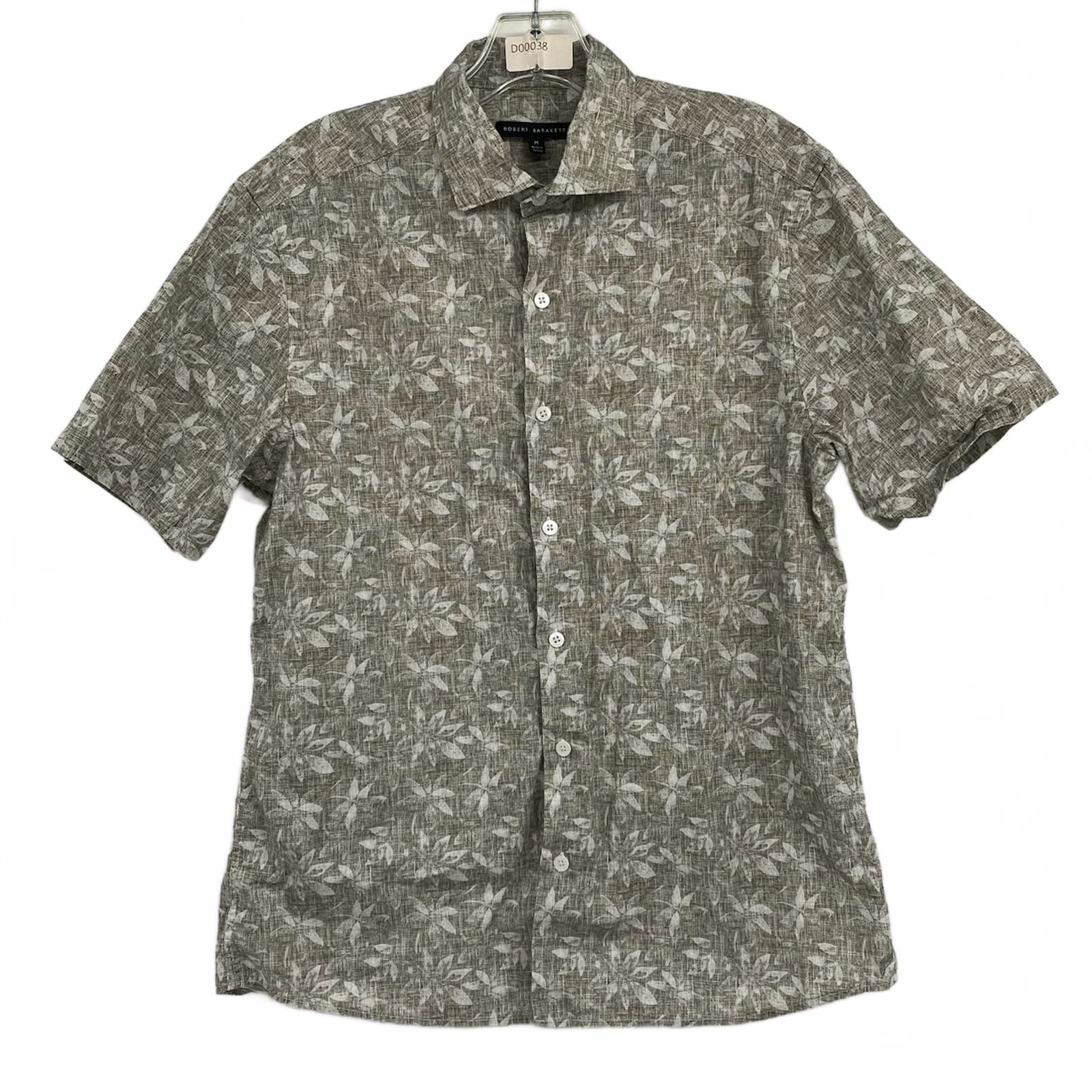 Robert Barakett Gray Beige Leaf Print Short Sleeve Button Down Shirt