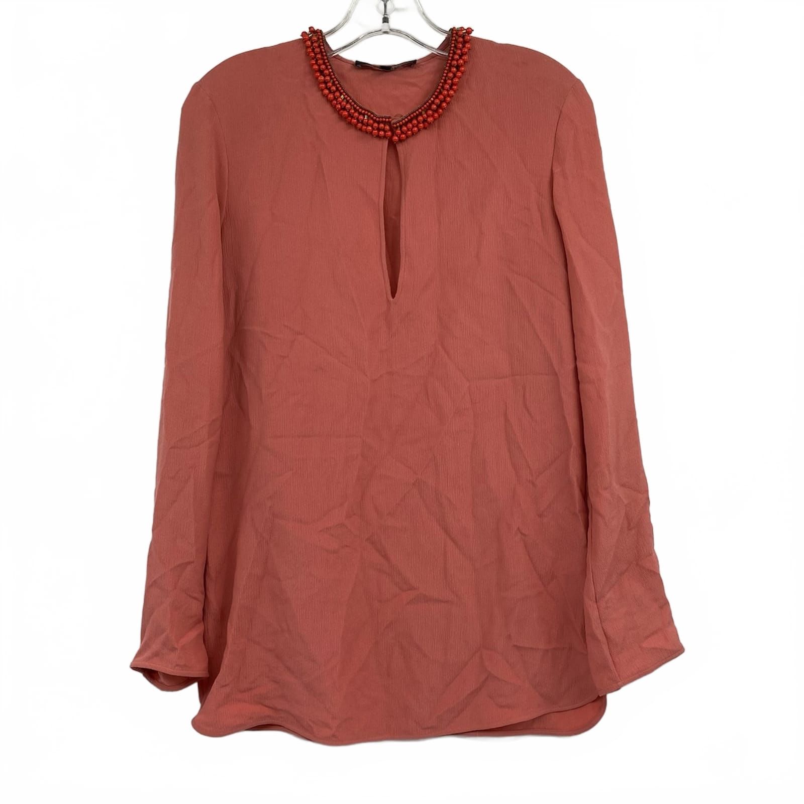 Gucci Peach Pink Silk Blouse with Beaded Keyhole Neck