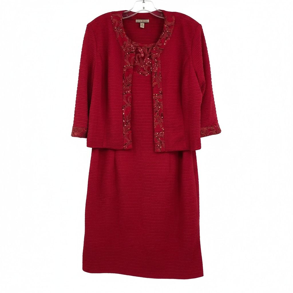 Maya Brooke Red Ruched Sequin Lace Midi Dress and Jacket Set