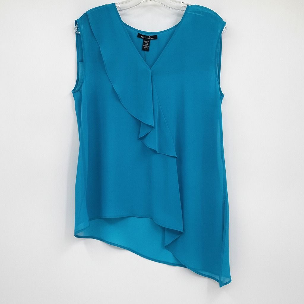 Kenneth Cole Blue Asymmetric Hem Ruffle Sleeveless Tank Top