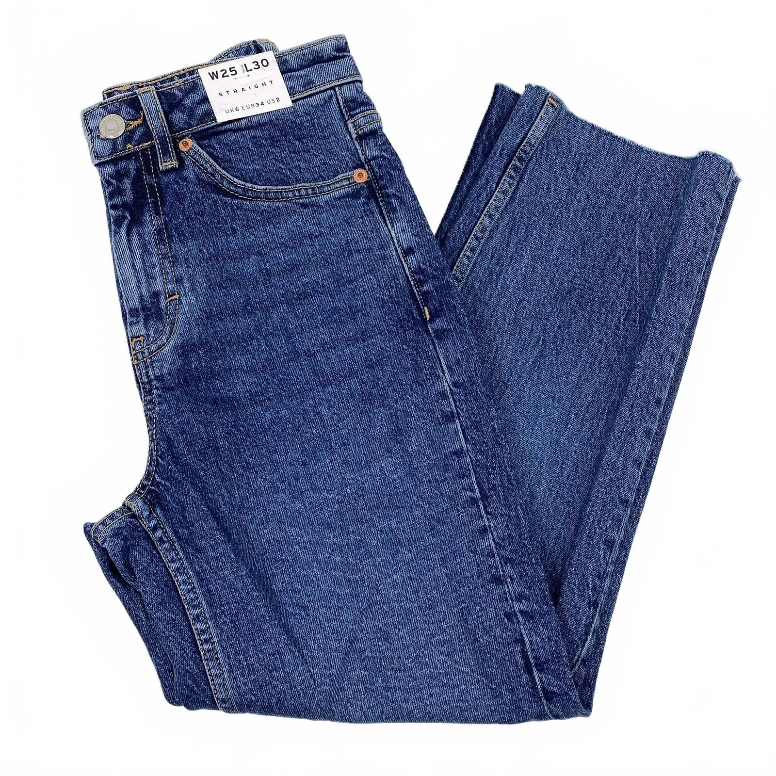 Topshop Blue Dark Wash High Waisted Straight Jeans