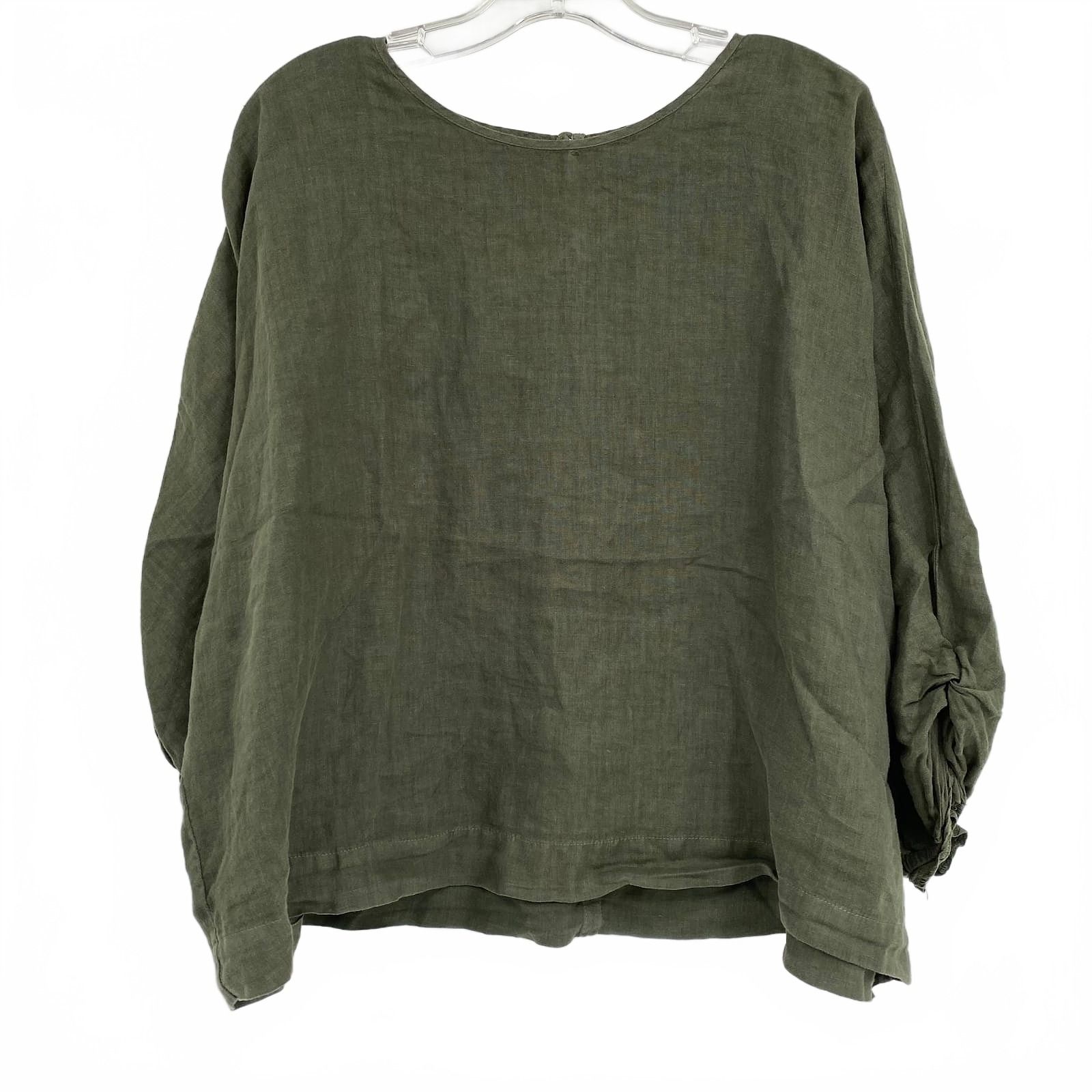 Velvet Green Linen Boxy Puff Sleeve Blouse