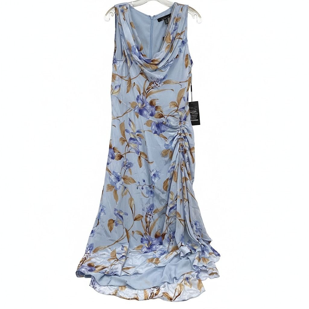White House Black Market Blue Brown Floral Cowl Neck Maxi Dress