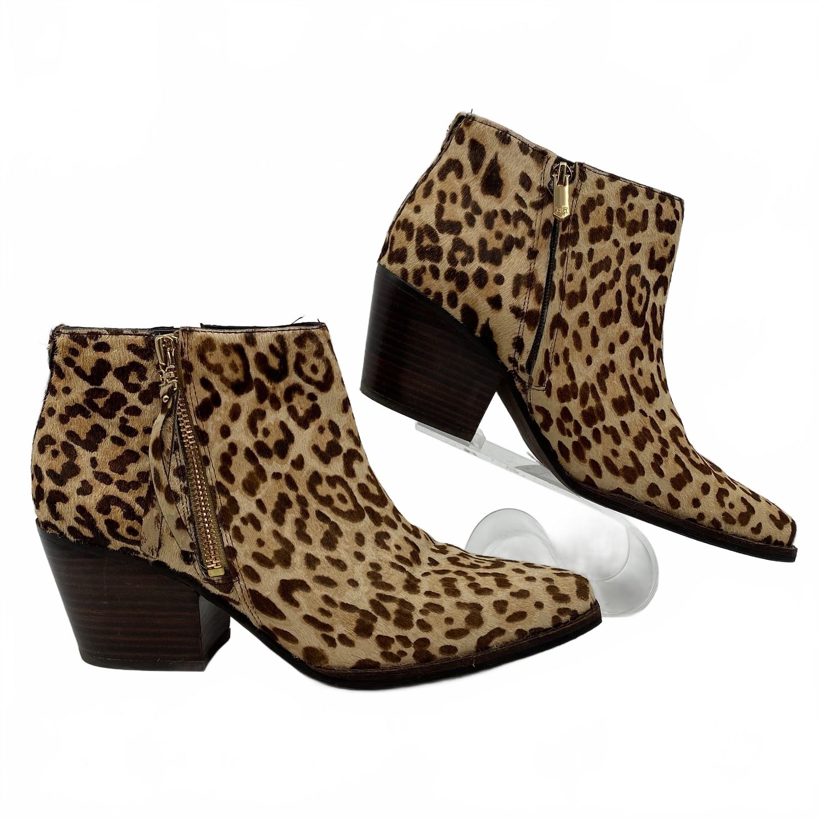Sam Edelman Beige Brown Leopard Print Calf Fur Ankle Booties