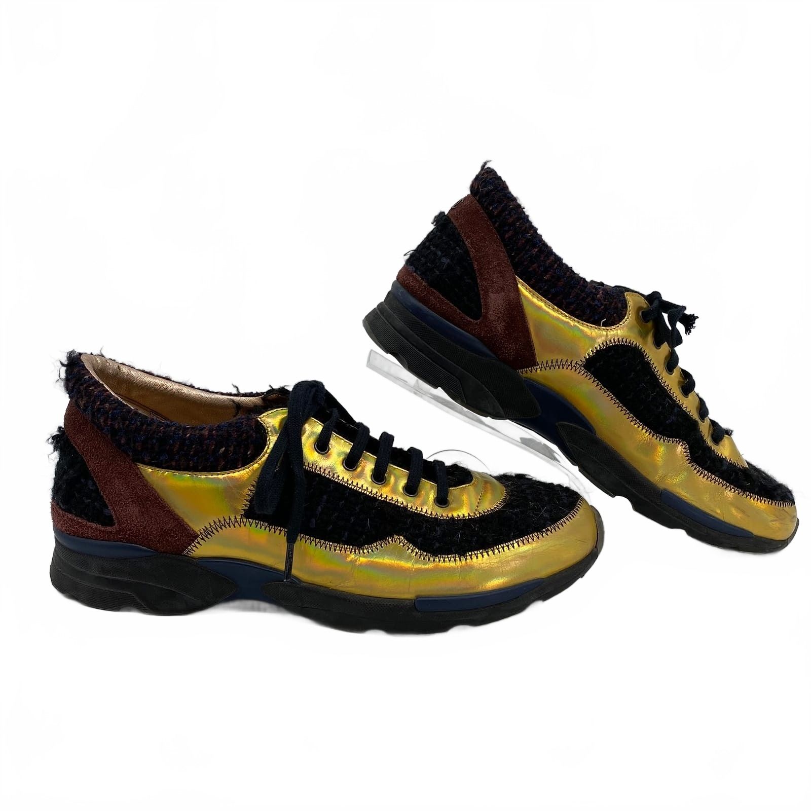CHANEL Gold Black Tweed Sneakers