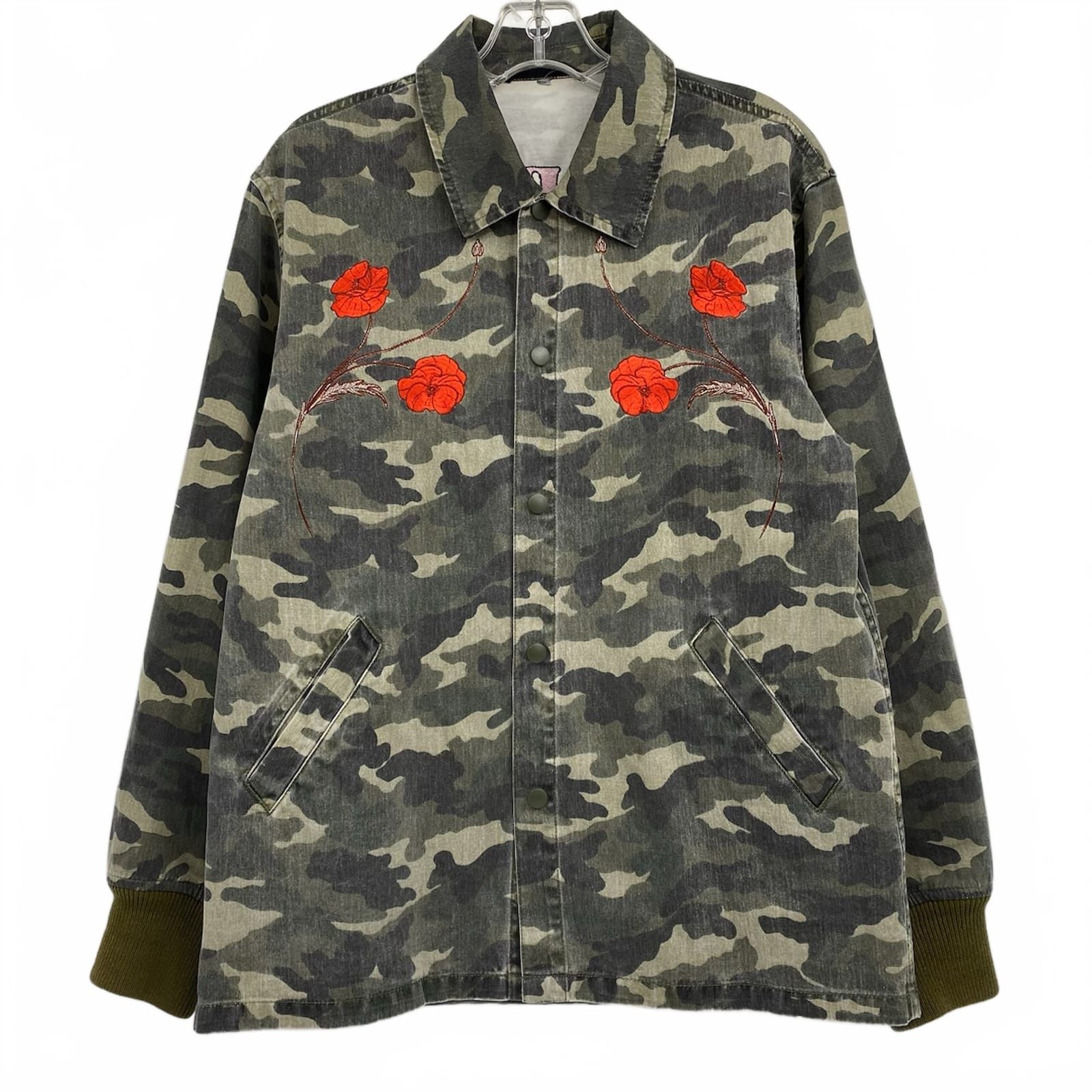 Opening Ceremony Green Red Camouflage Embroidered Snap Closure Jacket