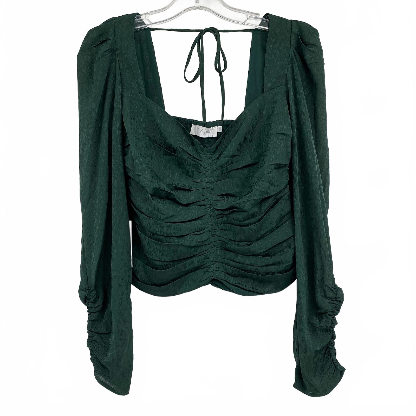 Astr Green Satin Square Neck Puff Sleeve Blouse
