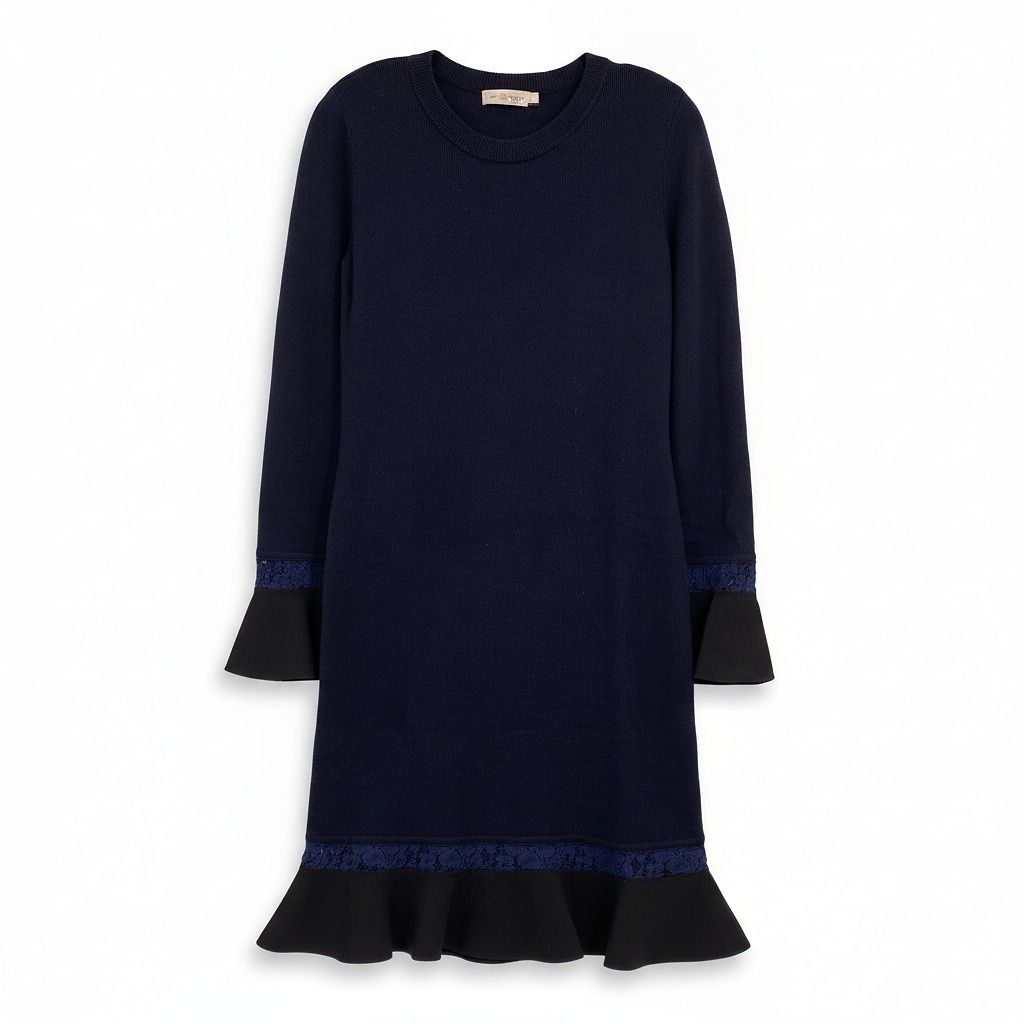 Tory Burch Blue Black Mini Dress Knit Lace Accent