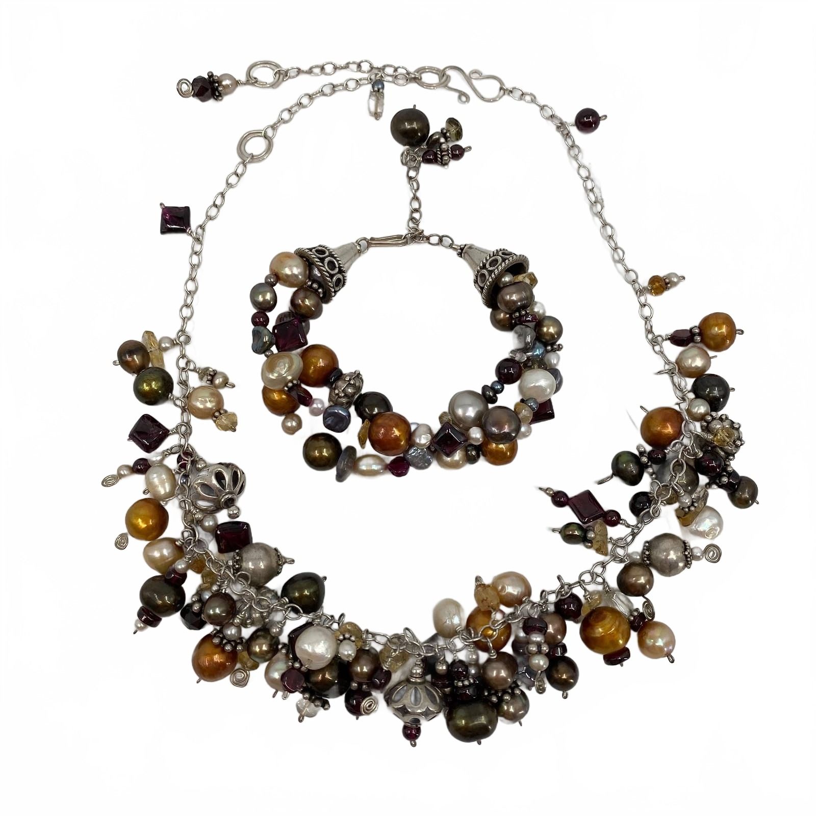 Orange Green Sterling Beaded Pearl Necklace and Bracelet Set
