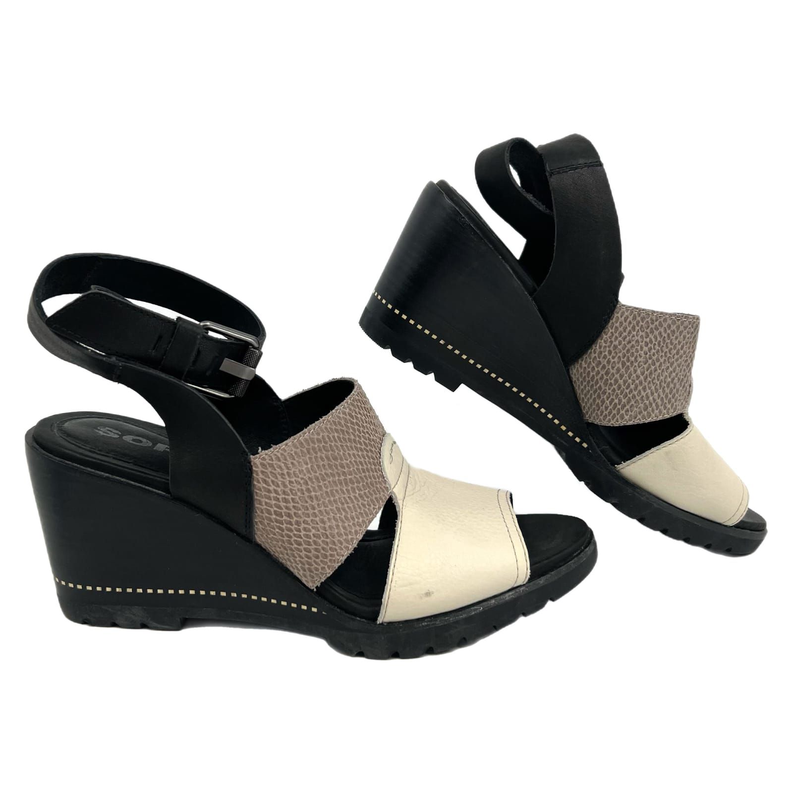 Sorel Black Cream Sandals Peep Toe Buckle Ankle Strap Wedge