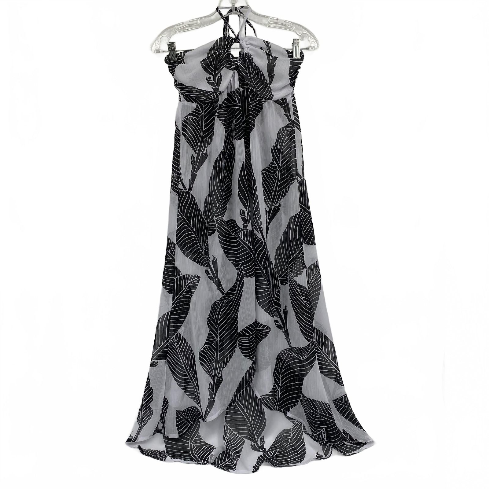 Tommy Bahama White Black Leaf Print Sheer Halter Swim Cover-Up Dress