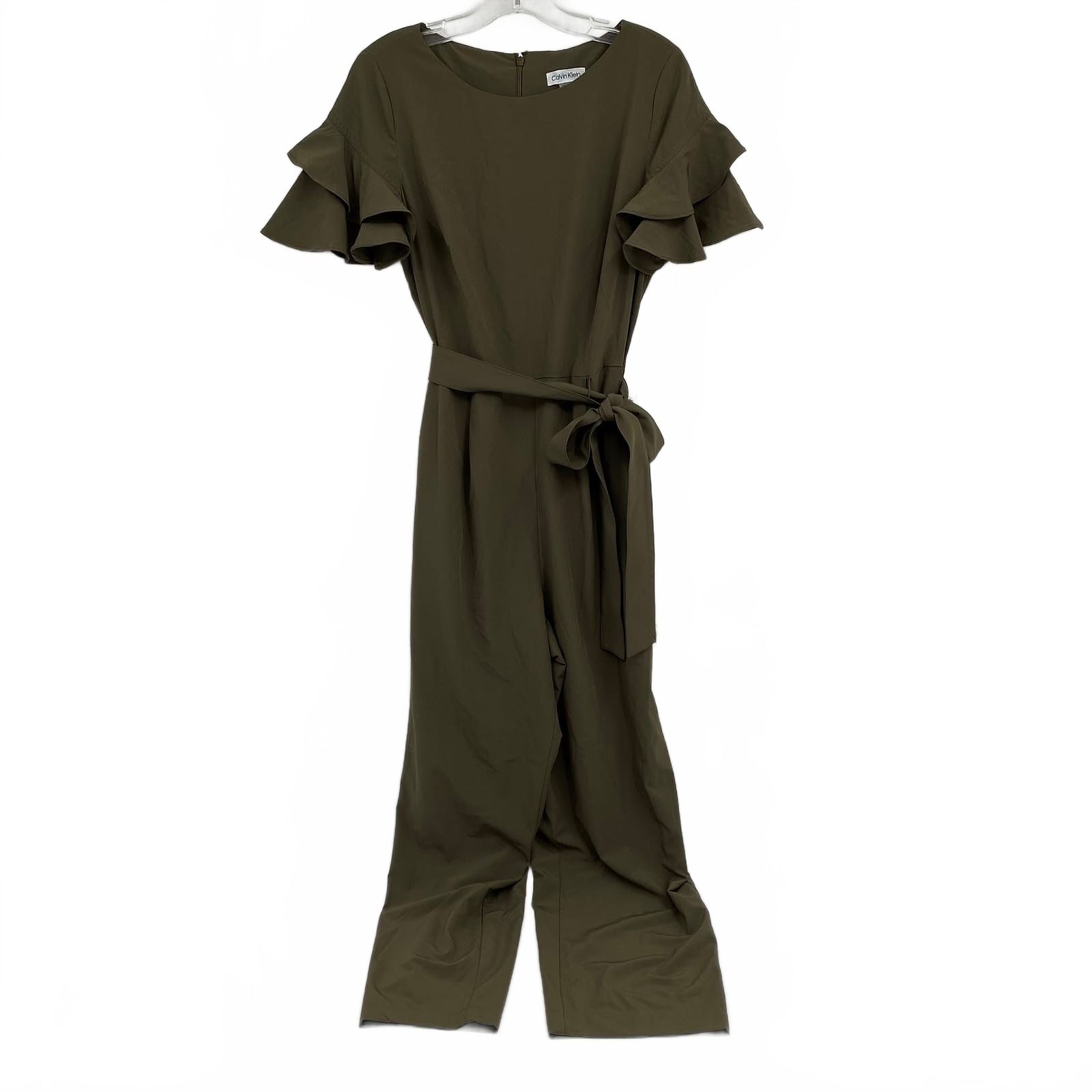 Calvin Klein Green Jumpsuit Belted Ruffle Sleeve