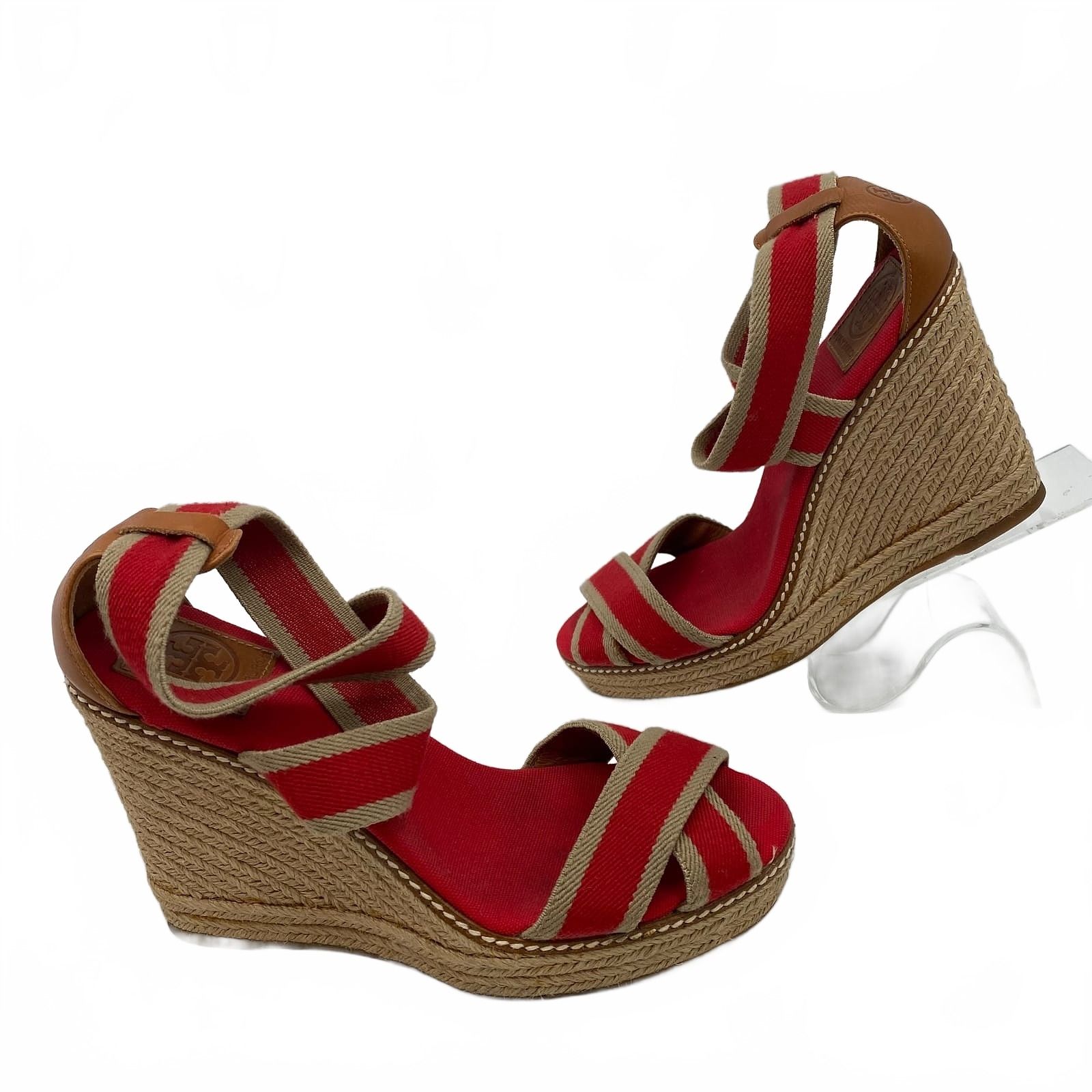 Tory Burch Red Tan Canvas Leather Wedges
