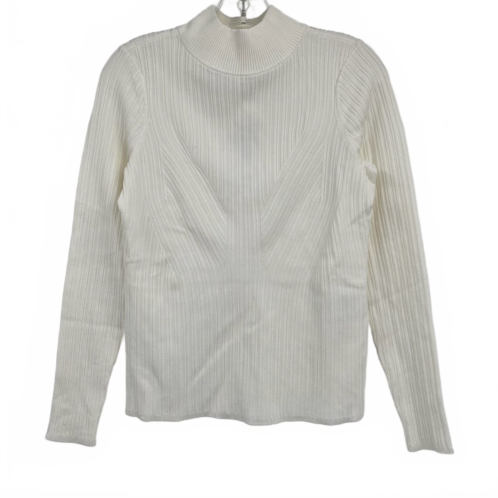 White House Black Market Cream Ribbed Knit Mock Neck Sweater