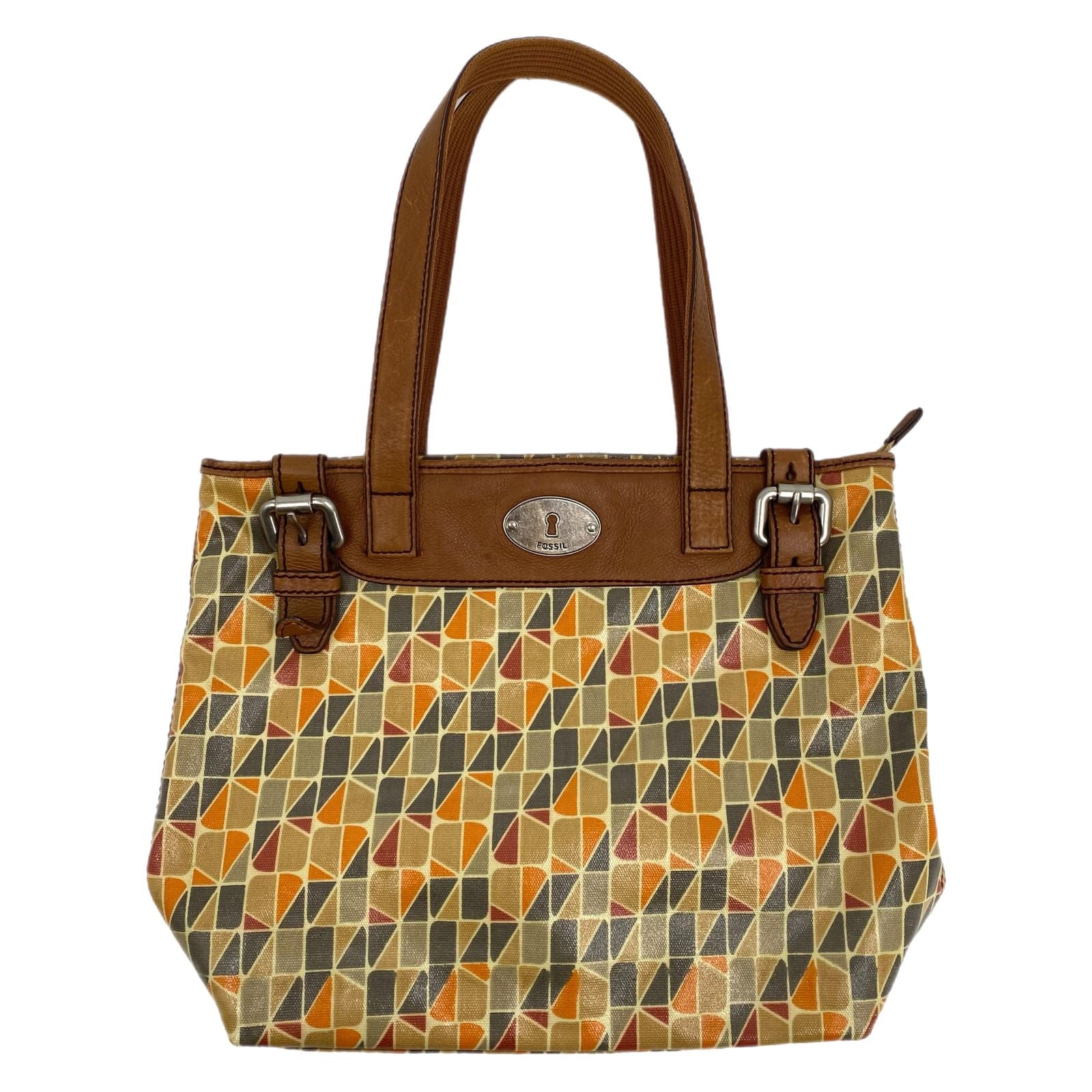 Fossil Brown Orange Geometric Pattern Tote Bag