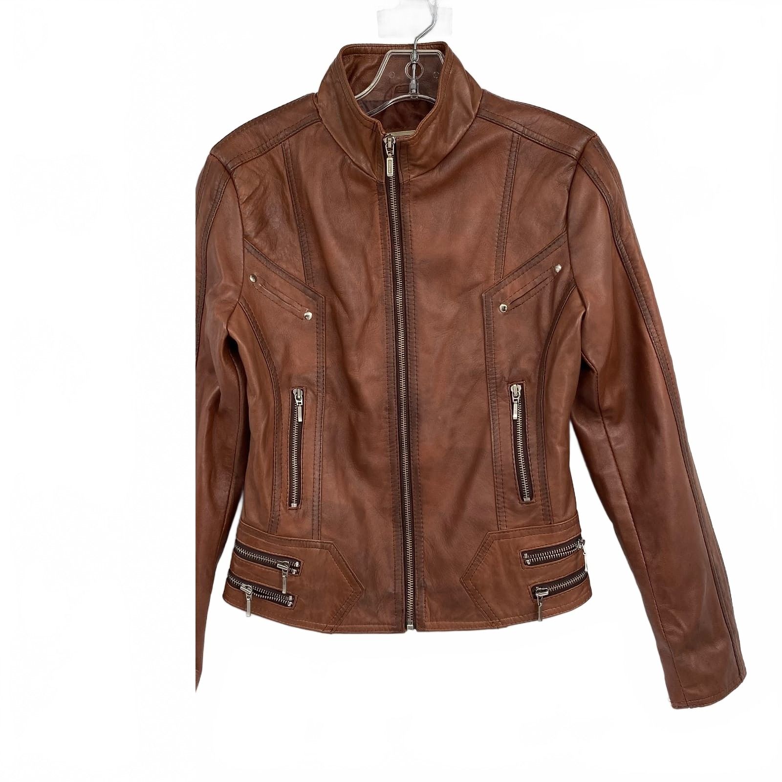 Heeli Brown Leather Jacket Motorcycle Zip