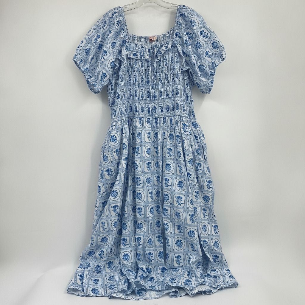 Ivy City Co. White Blue Floral Shirred Top Midi Dress