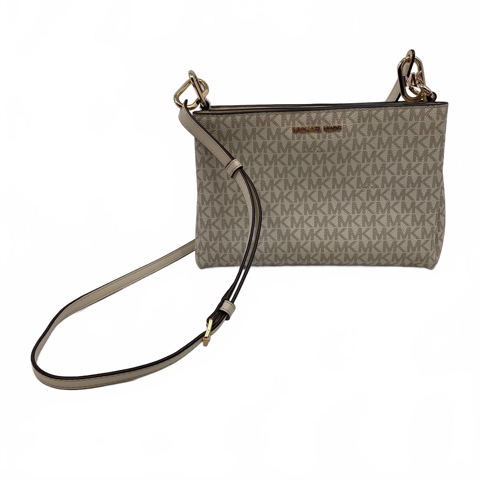 Michael Kors Beige Leather Trisha Medium Logo Crossbody