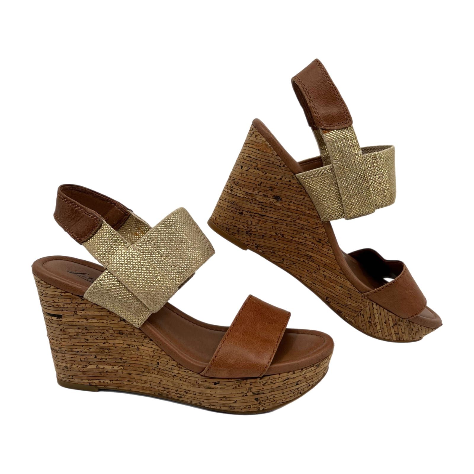 Lucky Brand Brown & Gold Leather Wedge Sandals