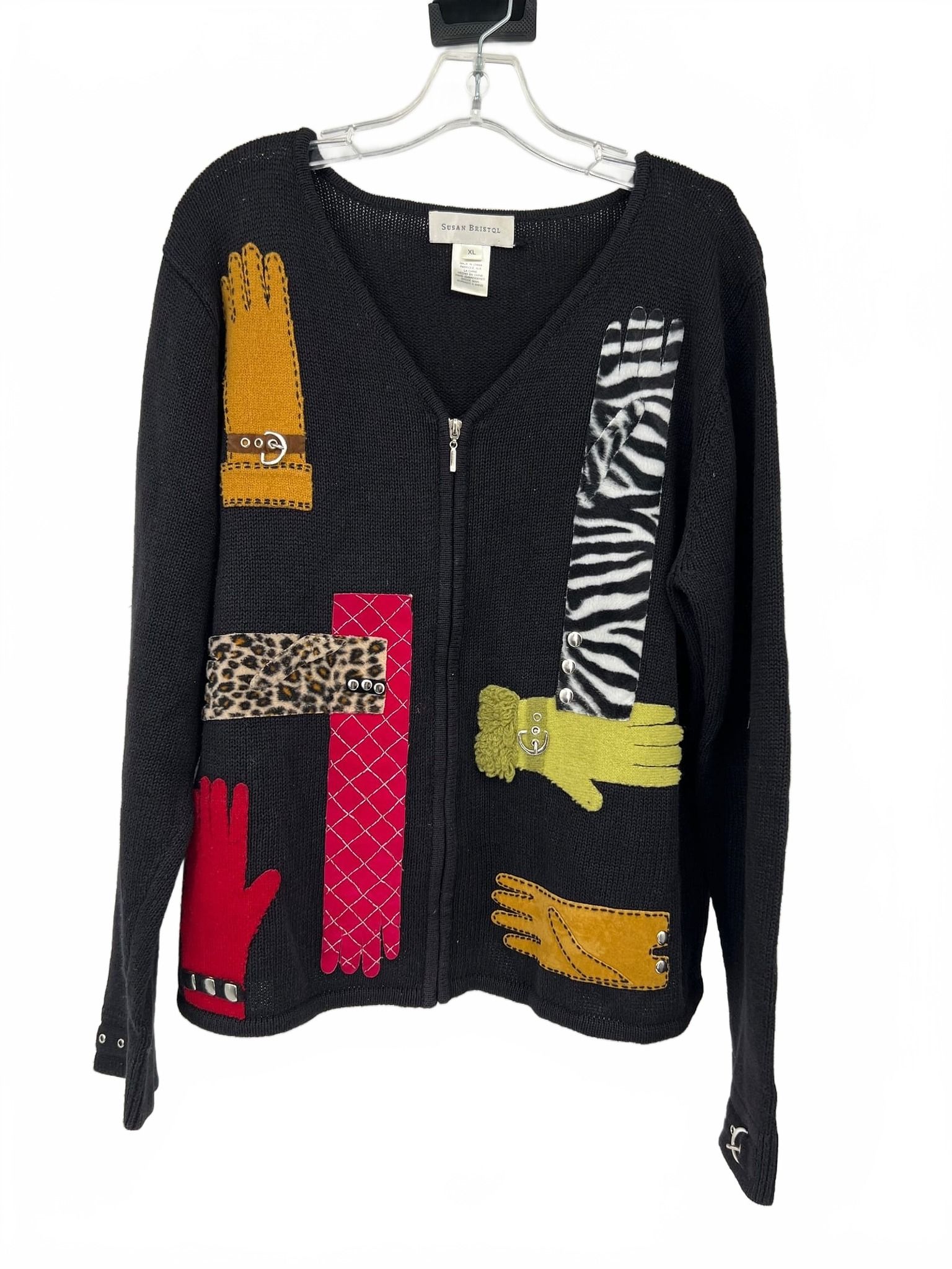 Susan Bristol Black Glove Pattern Zip Up Cardigan