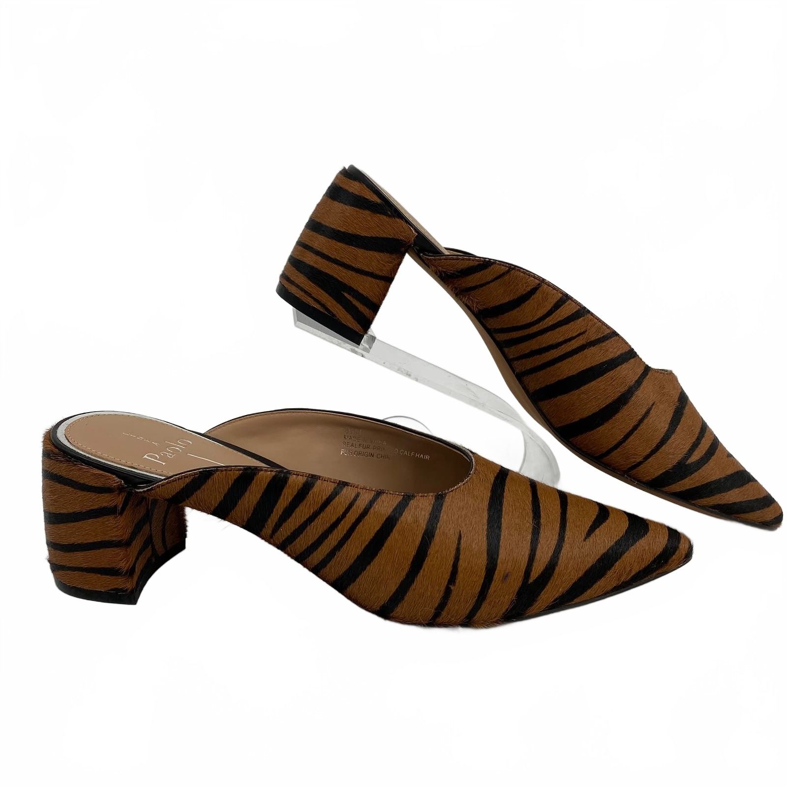 Linea Paolo Brown/Black Zebra Fur Heeled Mules