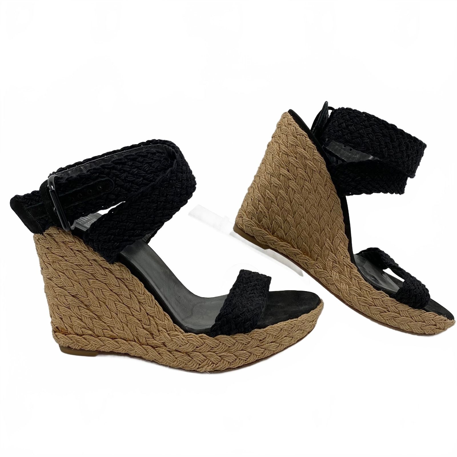 Stuart Weitzman Black Tan Woven Espadrille Wedges