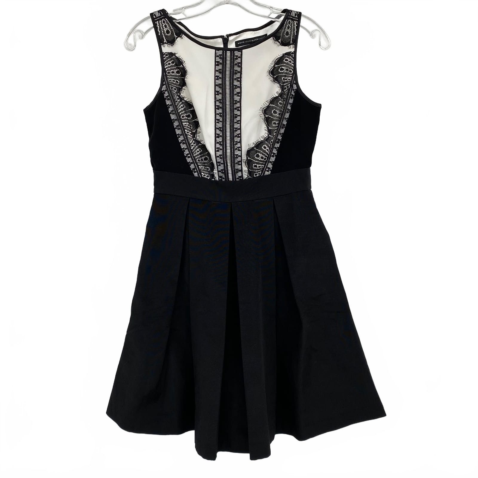 White House Black Market Black White Lace Accent Pleated Knee-Length Dress