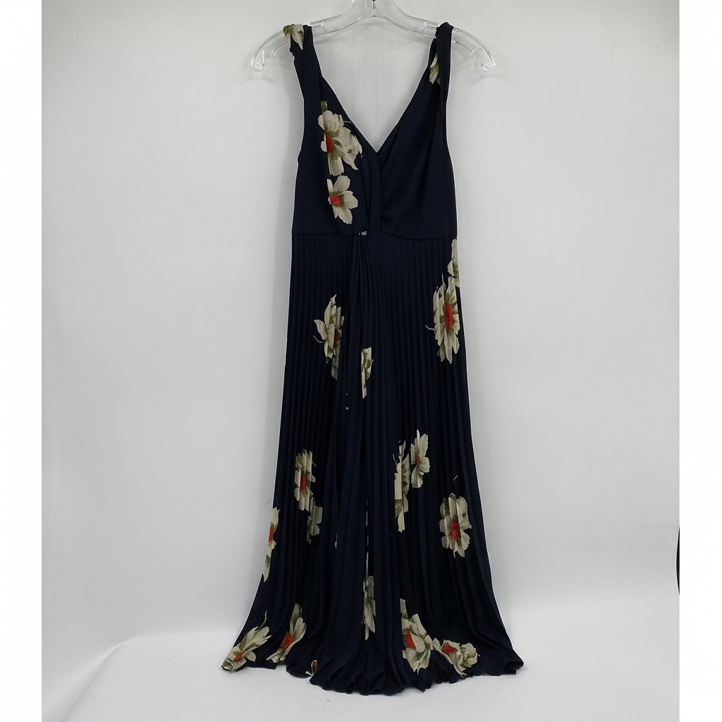 Vince Navy Beige Pleated Floral Midi Dress