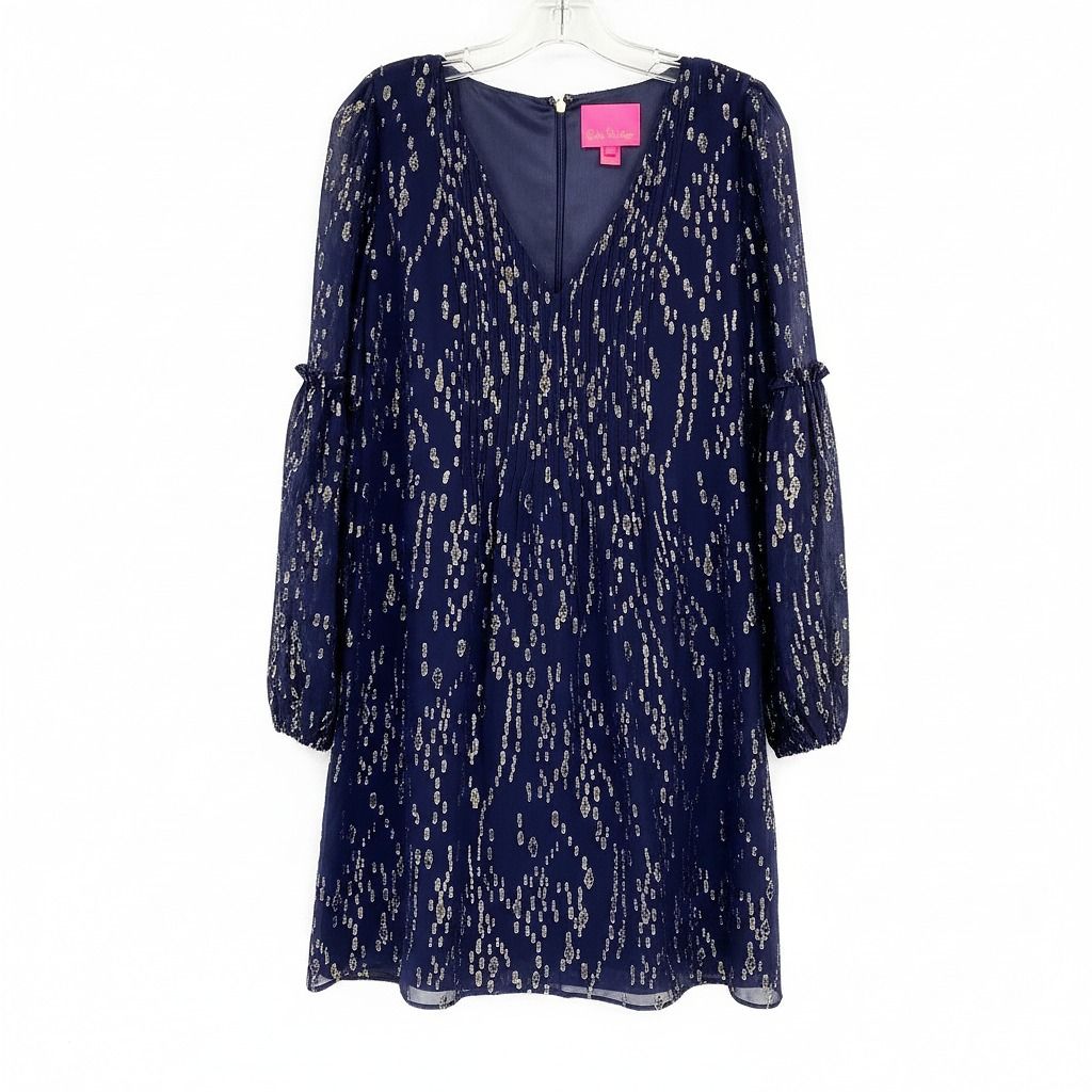 Lilly Pulitzer Navy Gold Cleme Silk Pleated Mini Dress