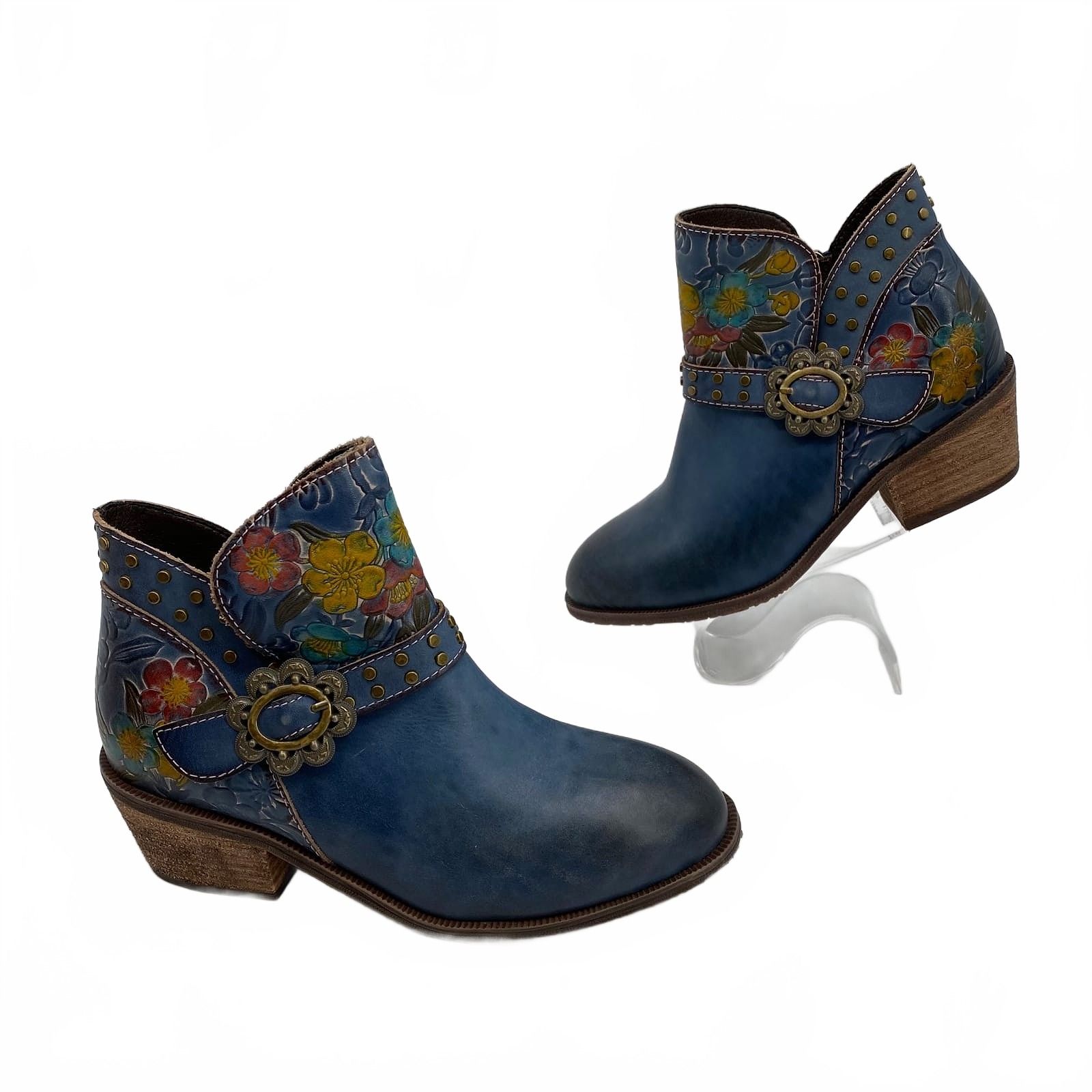 L’Artiste Blue Pink Floral Buckle Ankle Boots