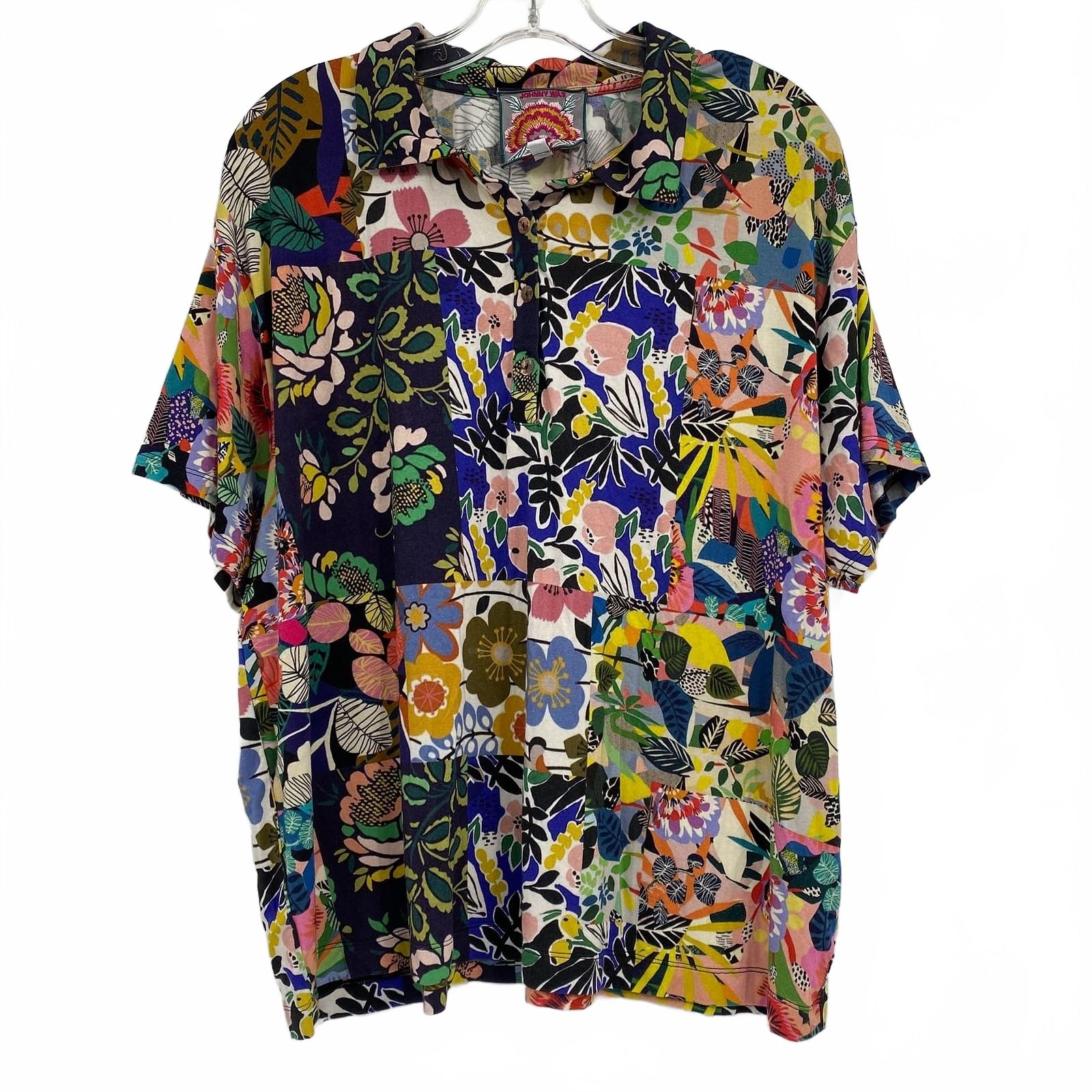 Johnny Was Navy and Multicolored Patchwork Floral Polo Blouse