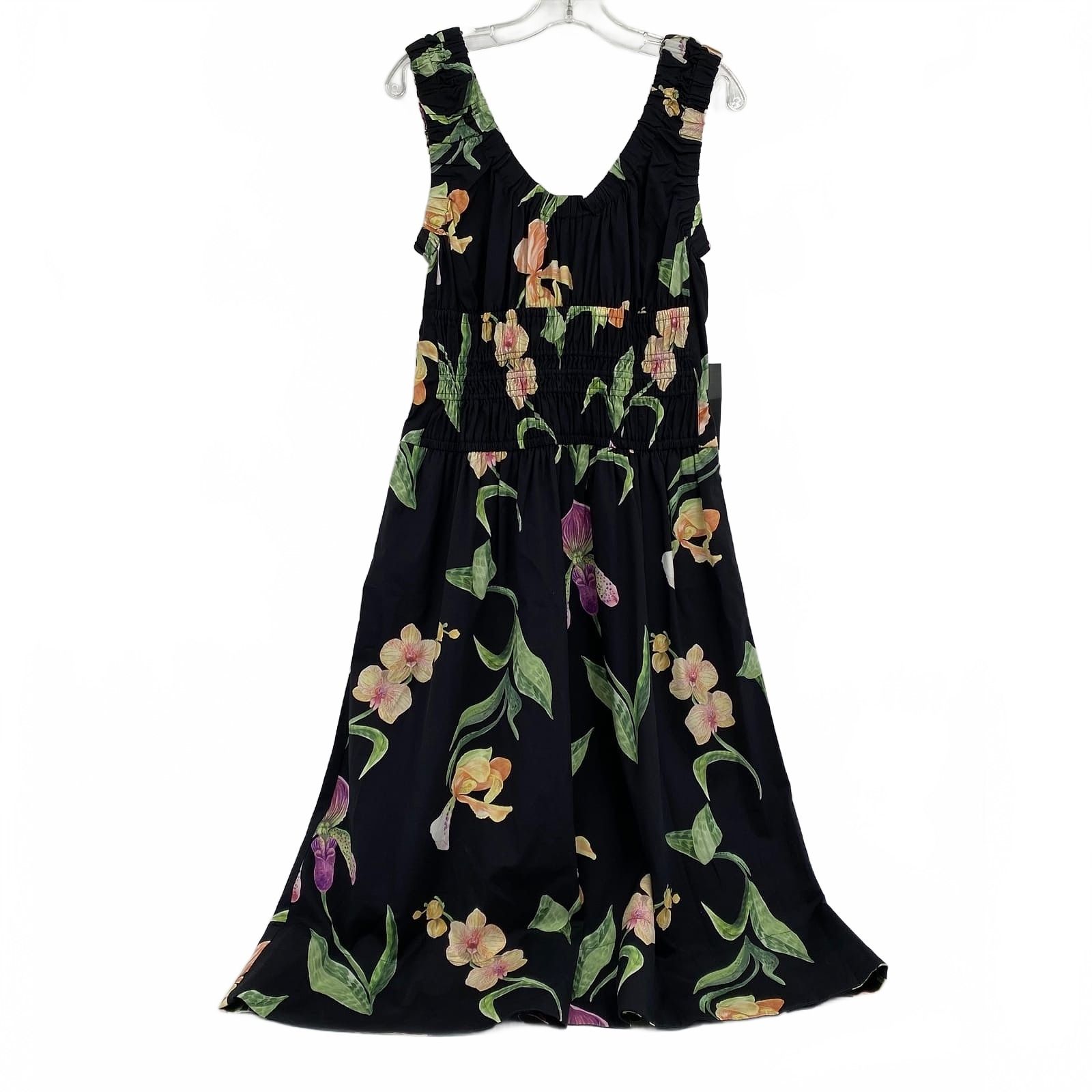White House Black Market Black Green Midi Dress Floral Smocked Orchid Womens 12