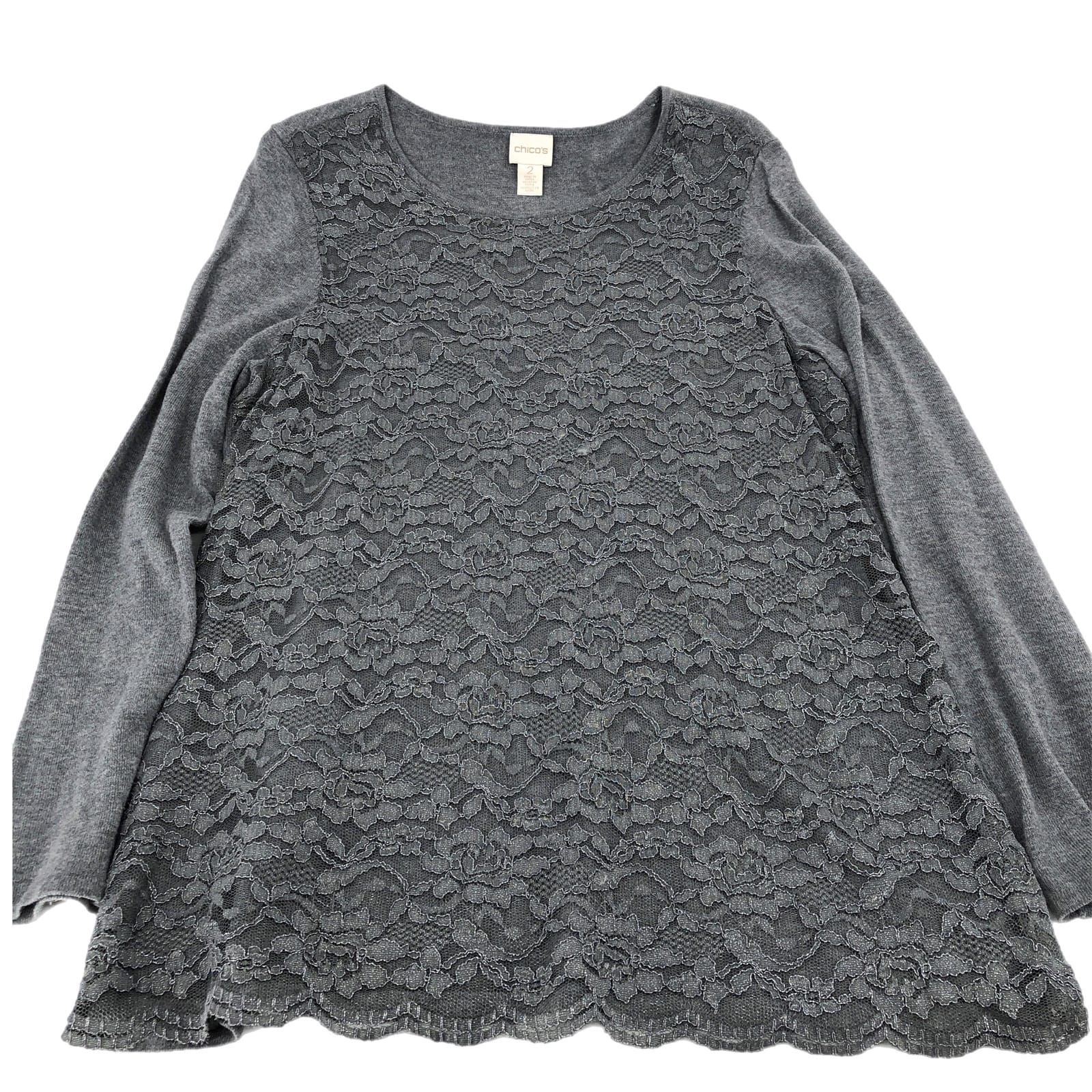 Chico's Gray Cotton Long Sleeve T-Shirt
