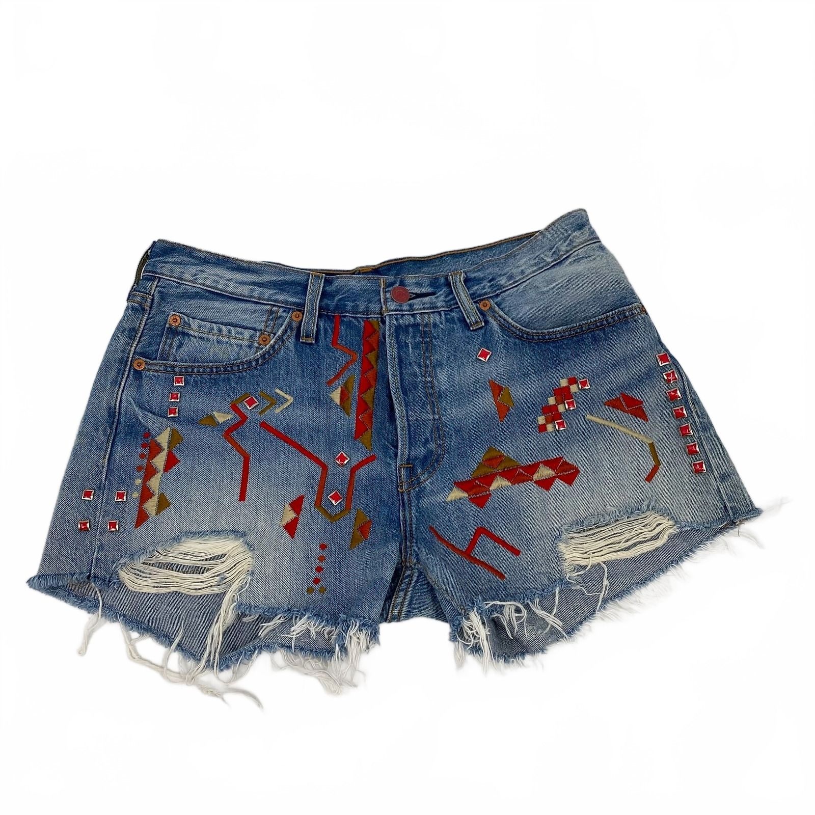 Levi's Blue Red Denim Shorts Cut-Off Embroidered